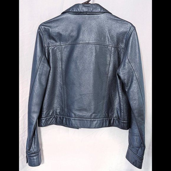 DKNY JEANS Size L *Metallic* Blue Gray L/S LEATHER Jacket, Lined & Denim-Style - Picture 3 of 5